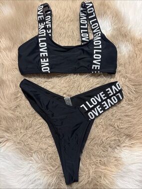 Love Black Bikini Set with White Logo Straps